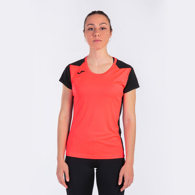 Дамски тениска за бягане RECORD II SHORT SLEEVE T-SHIRT коралово флуоресцентно черно